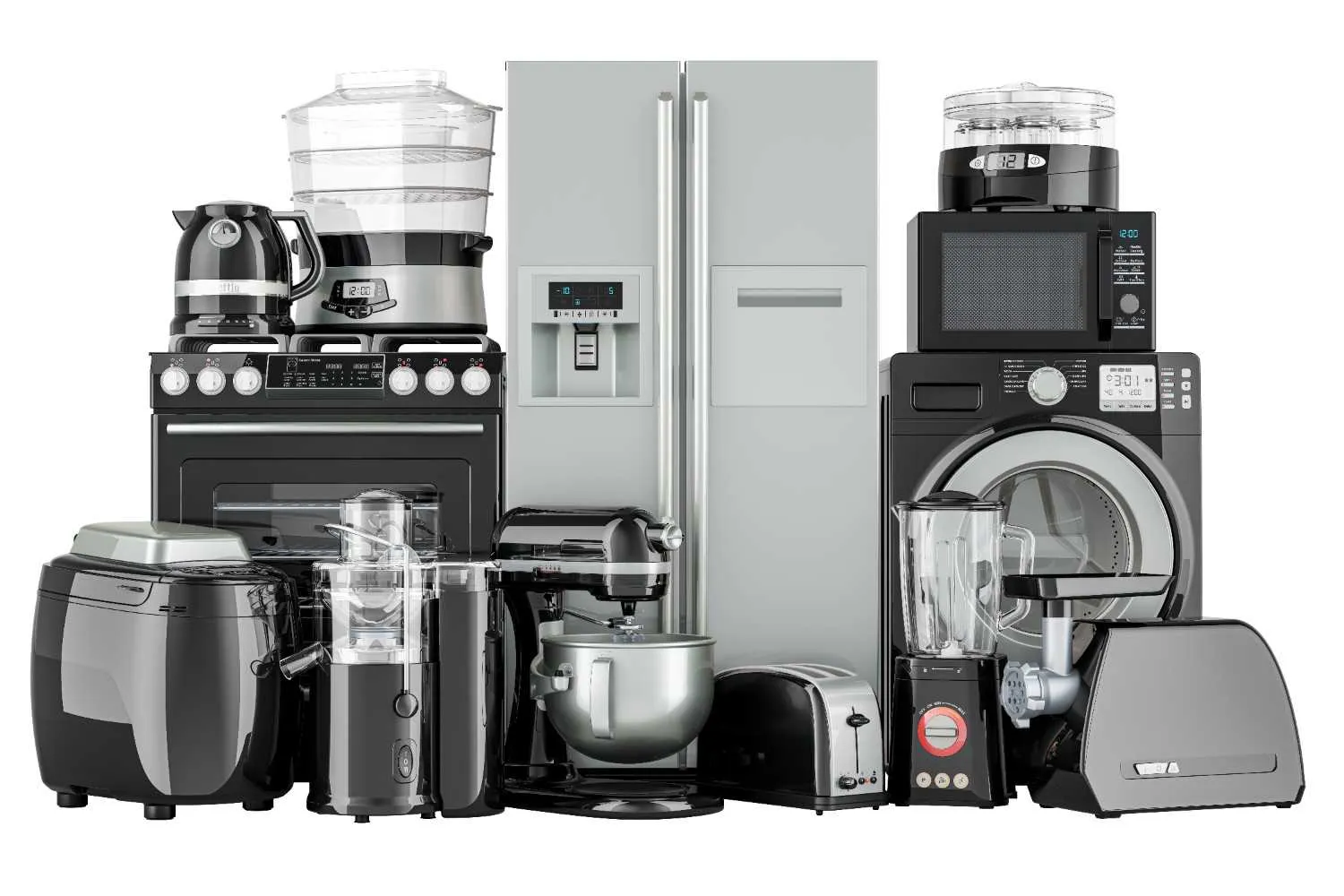 Household appliances including a refrigerator, range, microwave and small kitchen appliances